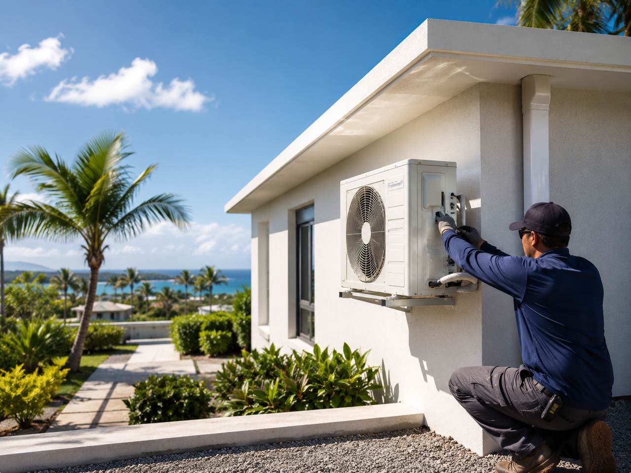 Técnico instalando un aire acondicionado en una casa en Puerto Rico