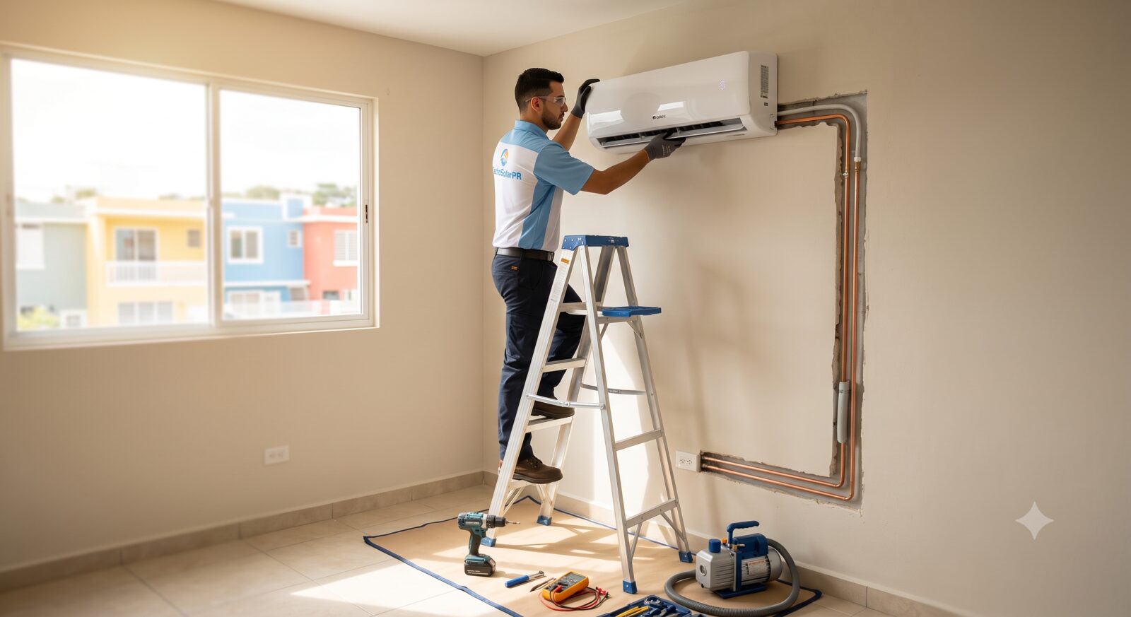 Técnico instalando un aire acondicionado tipo split en Puerto Rico