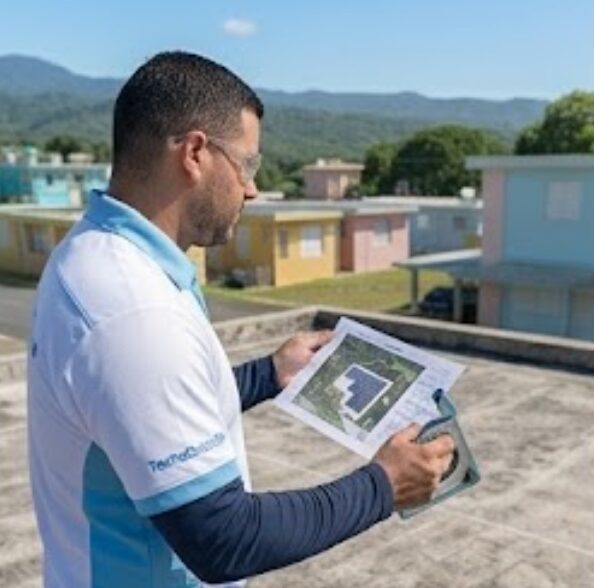 Técnico evaluando la instalación de un calentador solar en Puerto Rico