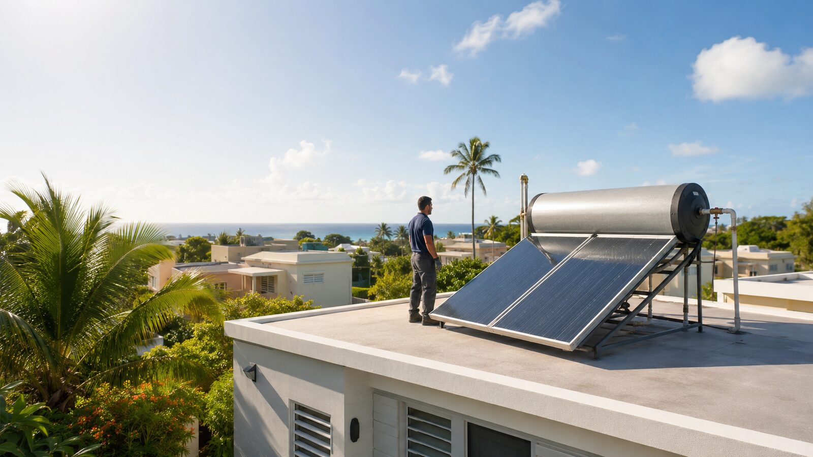 Técnico instalando un calentador solar de agua en el techo de una casa en Puerto Rico