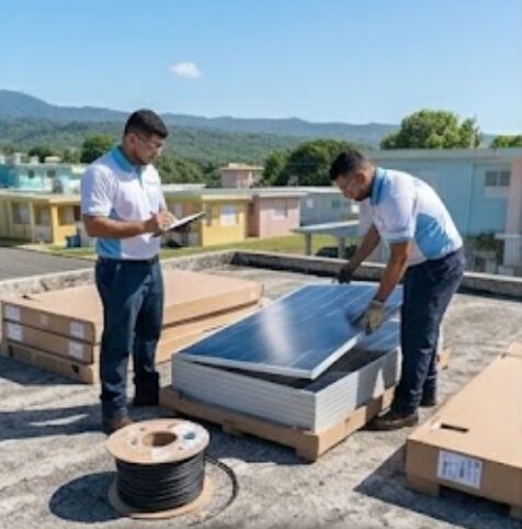 Técnicos instalando paneles solares en un techo en Puerto Rico