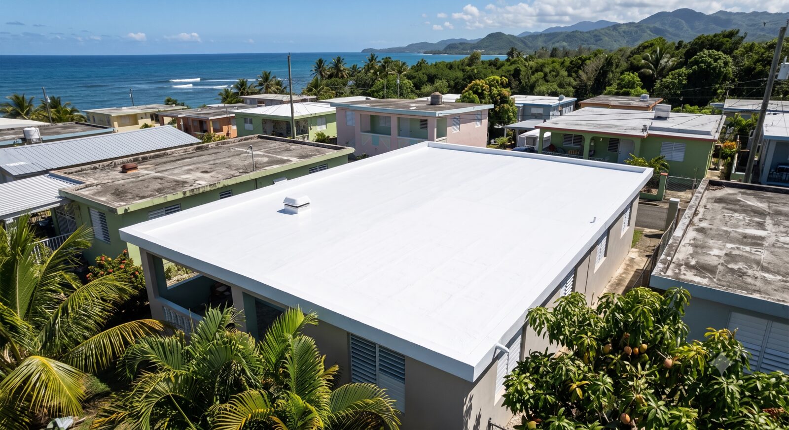 Techo recién sellado en una casa en Puerto Rico, vista aérea