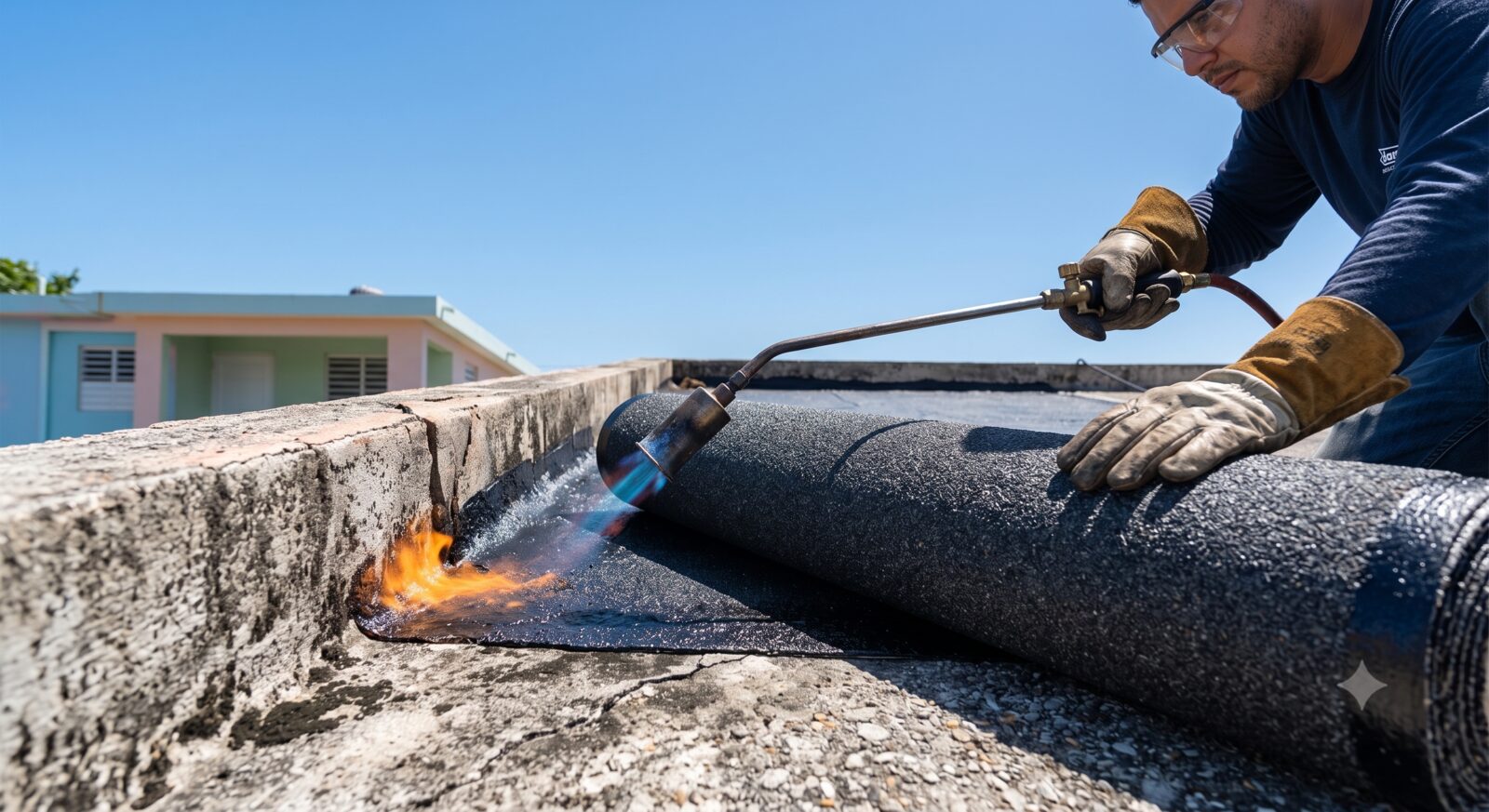 Técnico aplicando sellado de membrana en un techo en Puerto Rico
