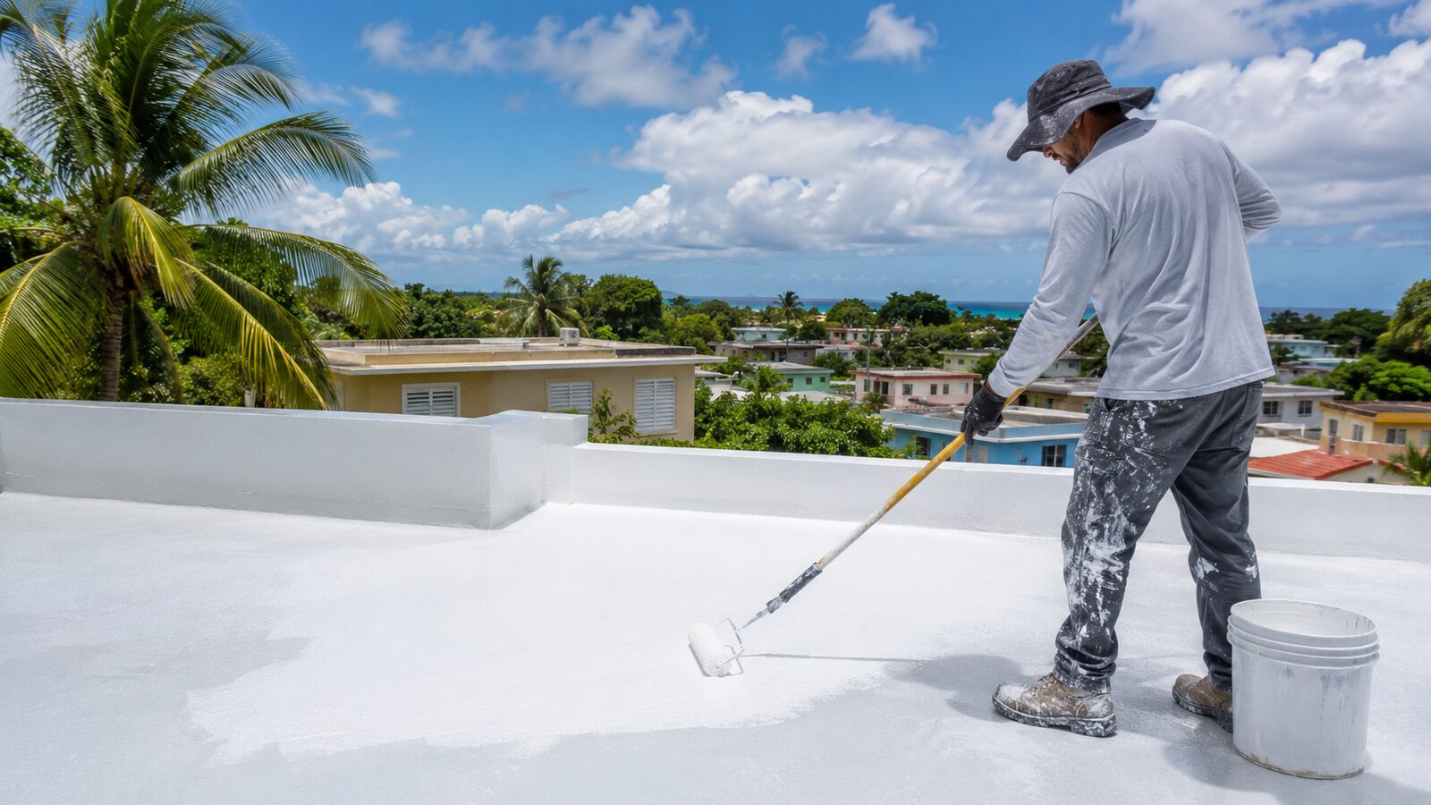 Contratista aplicando sellado impermeabilizante blanco en un techo plano en Puerto Rico